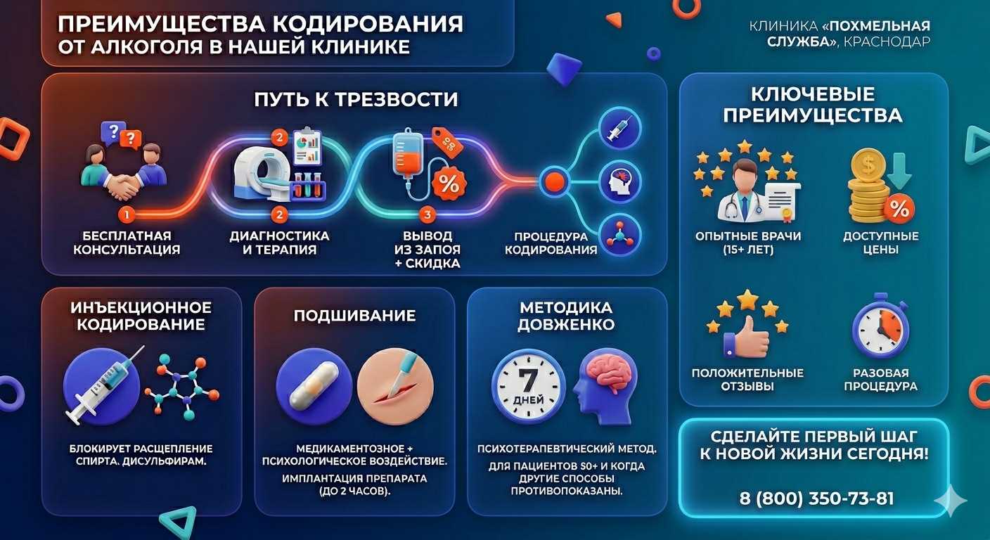 Инфографика о методах кодирования от алкоголя в Беломорске: инъекции, подшивание, метод Довженко. Преимущества клиники и этапы лечения.